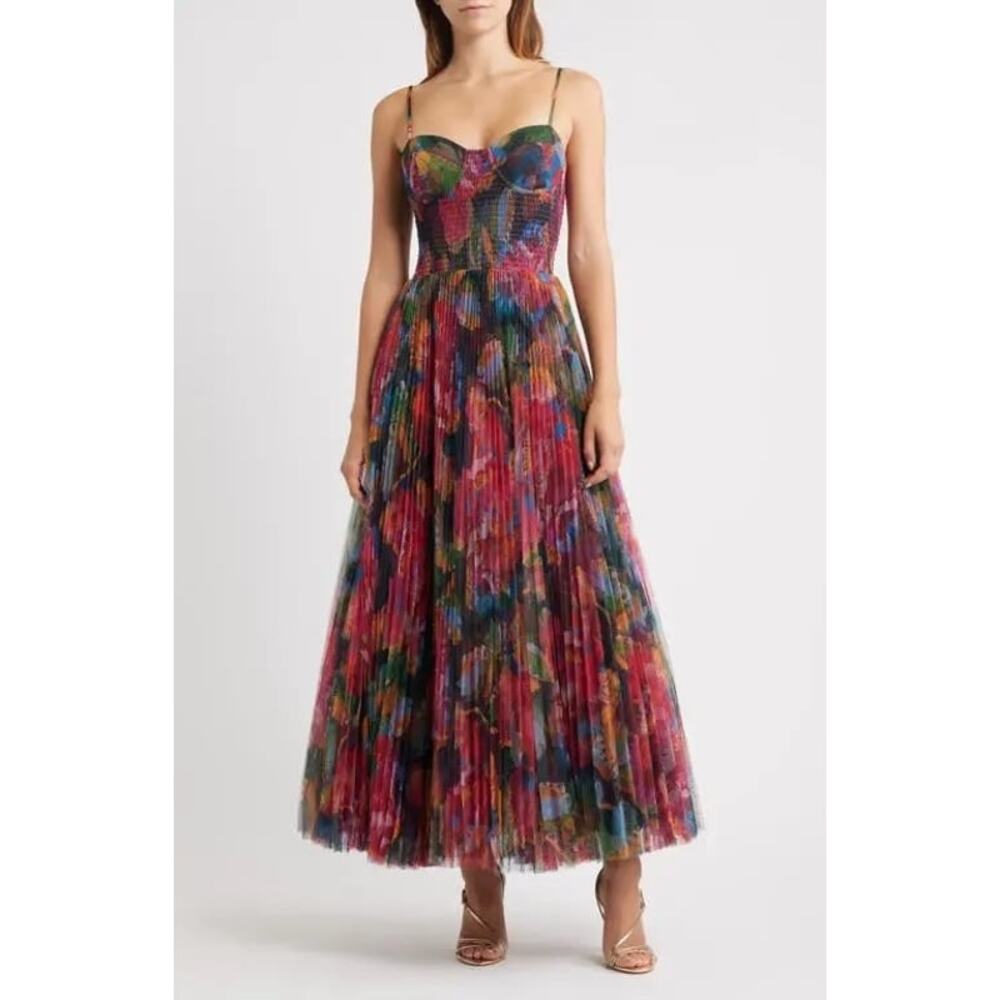 Hutch Women's Smocked Pleated Tulle Gown Black Floral Size Large Nwt